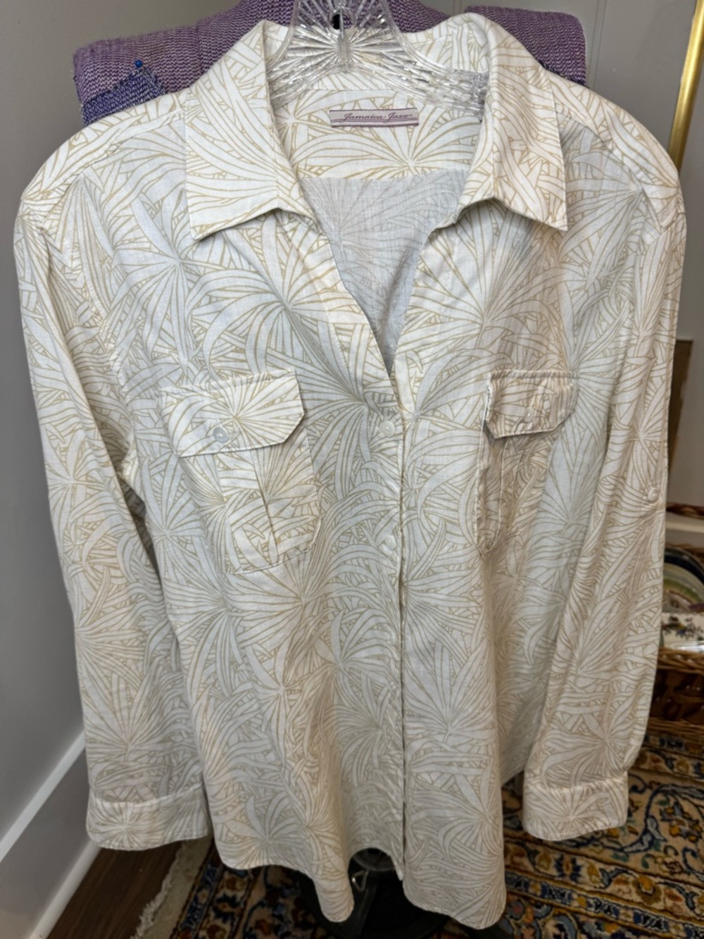 Jamaica Jaxx tropical minimalist Printed Button-Down, linen/cotton, Lg.